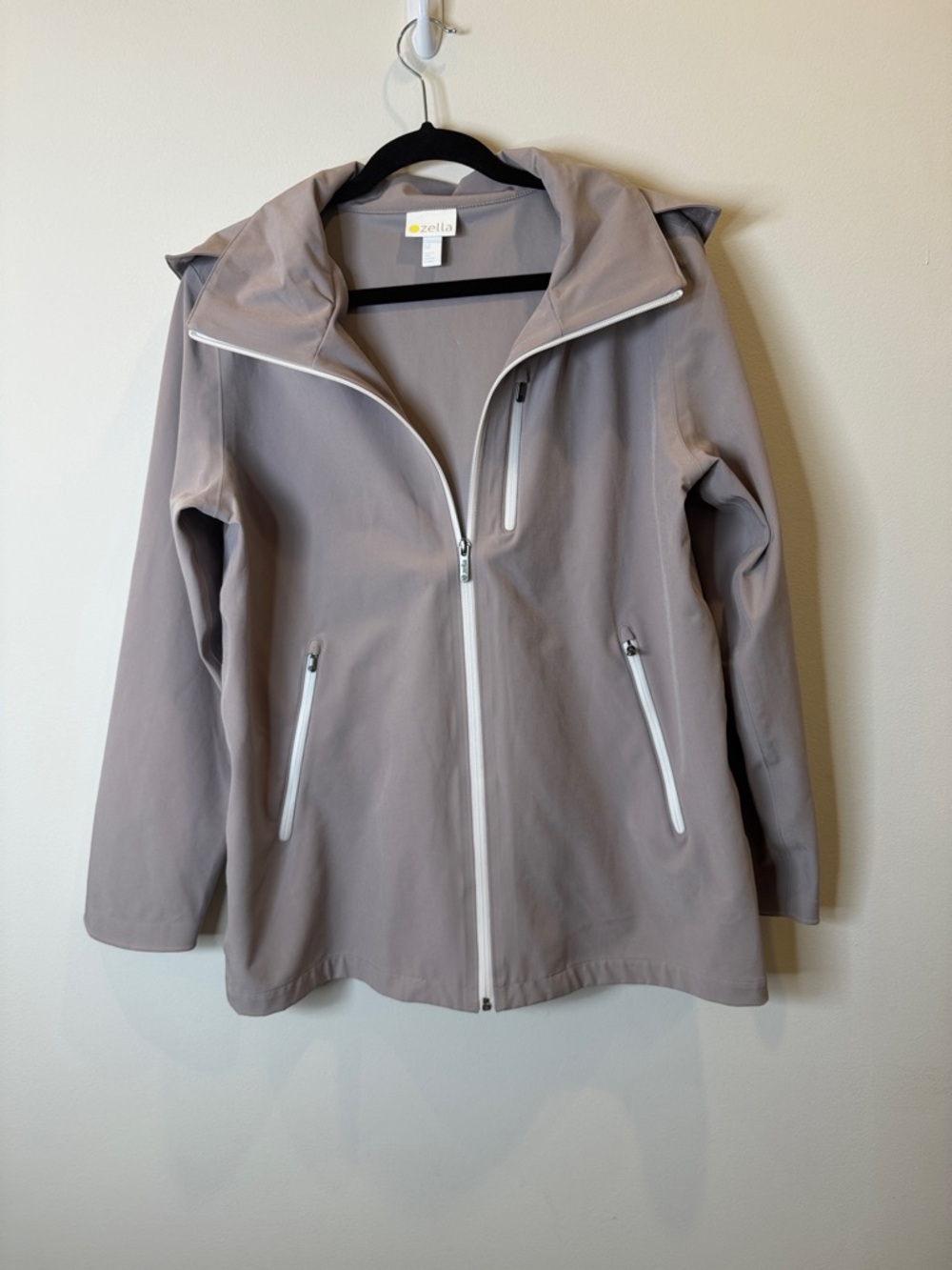 Zella Taupe Hooded Trench Coat with White Zippers